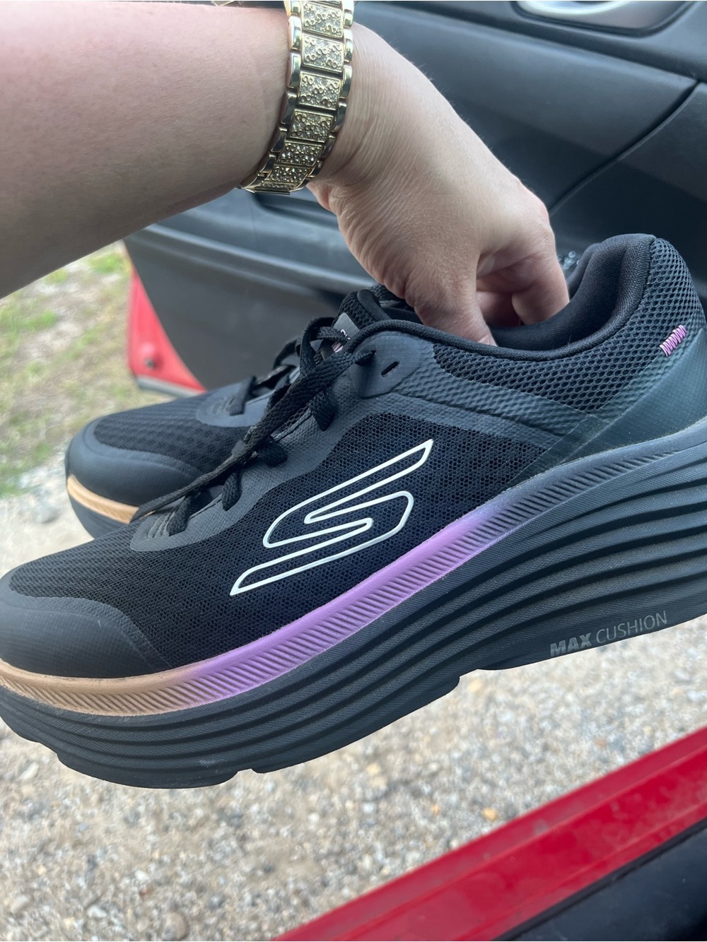 Skechers Women's Black Athletic Platform Sneakers with Purple and Tan Accents